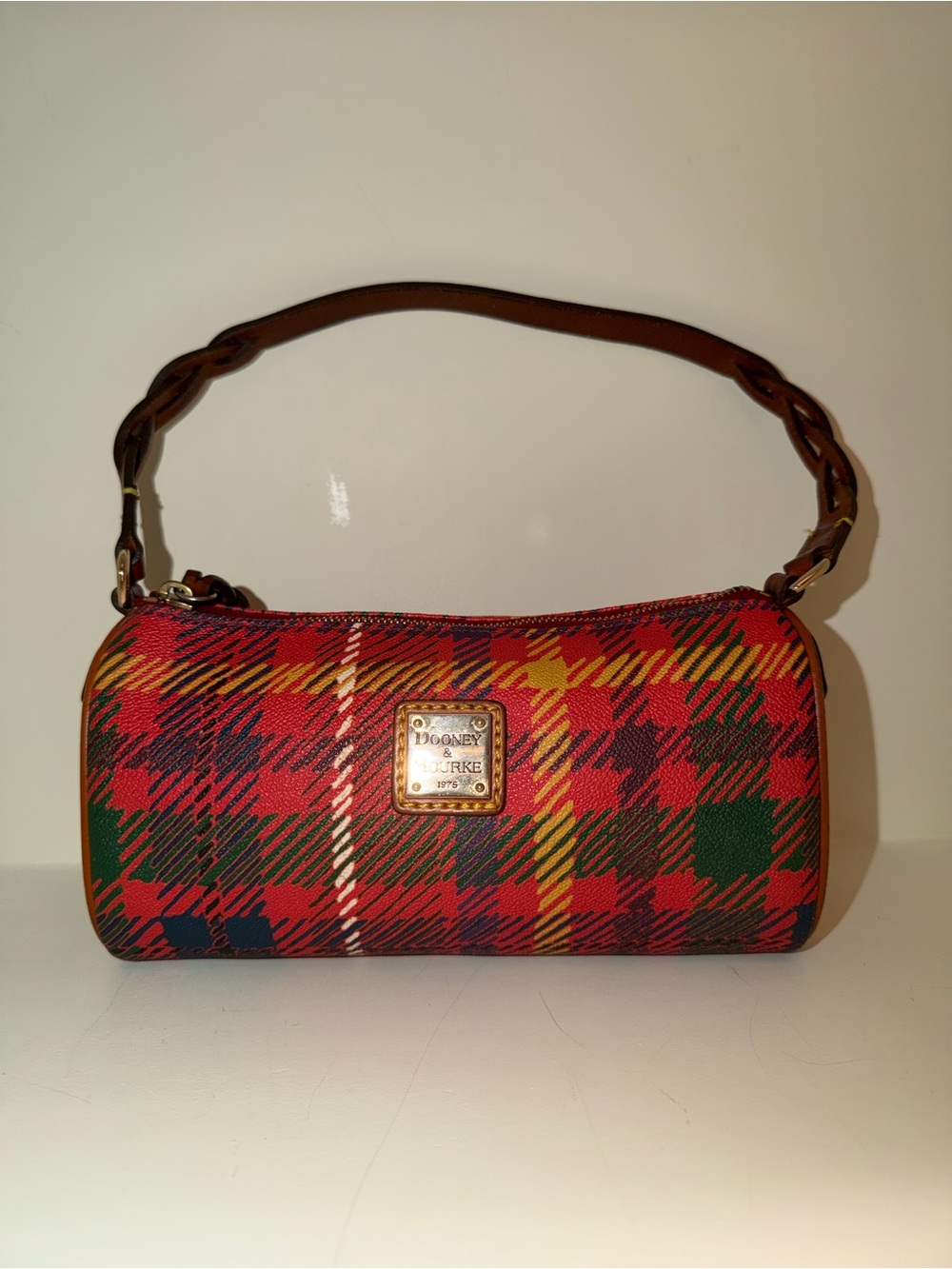 Dooney & Bourke Red Plaid Mini Shoulder Bag with Brown Strap